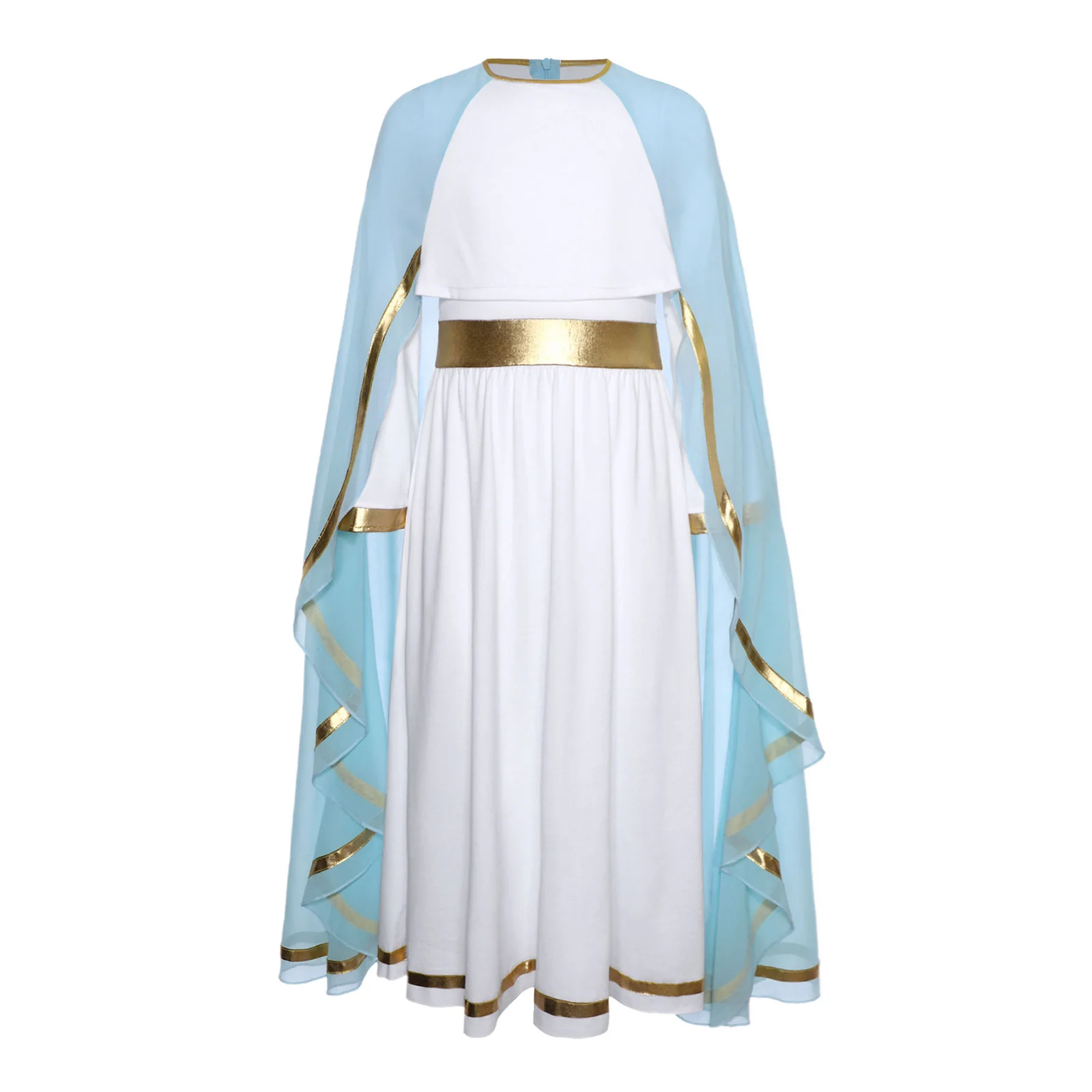 زي مريم العذراء للهالوين للأطفال البنات، فستان مكشكش بأكمام طويلة مع حفلة على شكل رأس شيفون