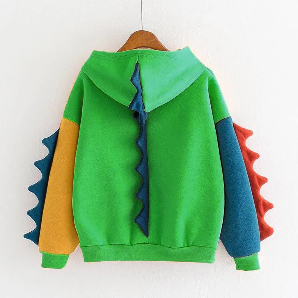Modieuze schattige effen kleur contrasterende dinosaurus losse hoodies voor dames, comfortabele, casual en veelzijdige sweatshirts