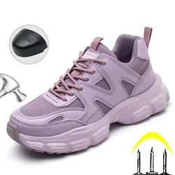 Purple Women Safety Shoes Anti-smash Anti-puncture Work Shoes Breathable Lightweight Work Sneakers Indestructible Shoes Boots