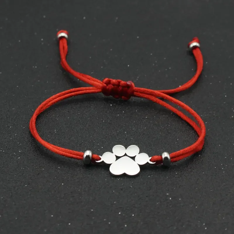 Cute Stainless Steel Dog Claw Charm Bracelet Couple Handmade Adjustable Lucky Red Thread Rope Bracelets for Women Men Jewelry