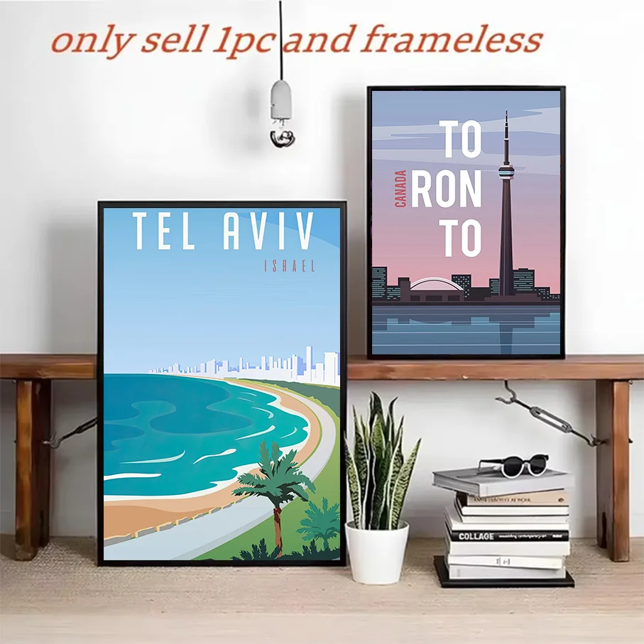 Vintage Travel Poster Canvas Print Tel Aviv Toronto Cityscape Wall Art Frameless Canvas Painting Home Decor