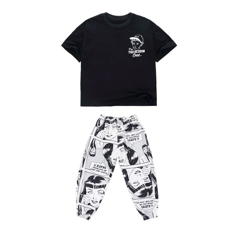 Ropa de Hip Hop para niños y niñas, camiseta negra de gran tamaño, Top estampado, pantalones casuales para correr, disfraz de baile, ropa de salón