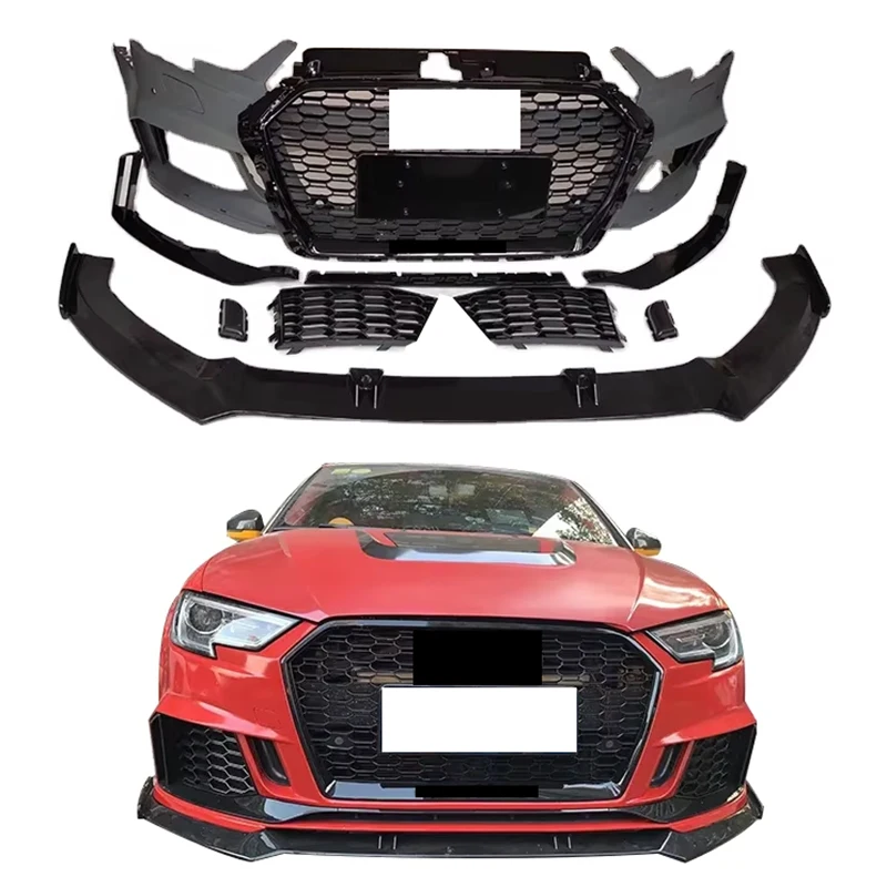 

New Upgrade Car Body Kit Front Bumper with Honeycomb Grille with Front Lip for A3 S3 Upgrade to RS3 2017 2018 2019