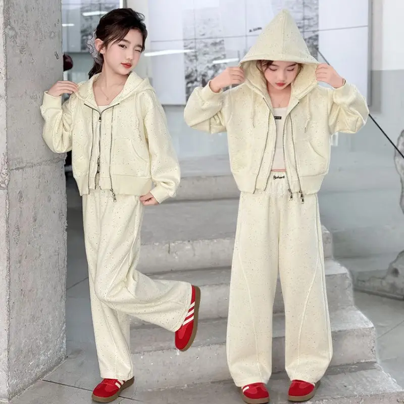 

Повседневный комплект для девочек, весна-осень 2023, новая детская куртка с капюшоном на двойной молнии, широкие брюки, комплект из двух предметов