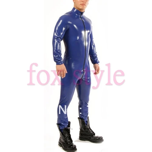 

High quality dark blue latex rubber catsuit glued with front zipper