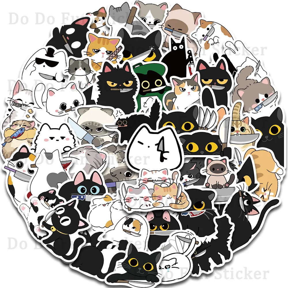 50PCS Cute with Knife Cat Sticker Waterproof PVC Art Animal Gift Decoration Phone Case Water Cup Refrigerator Guitar Skateboard