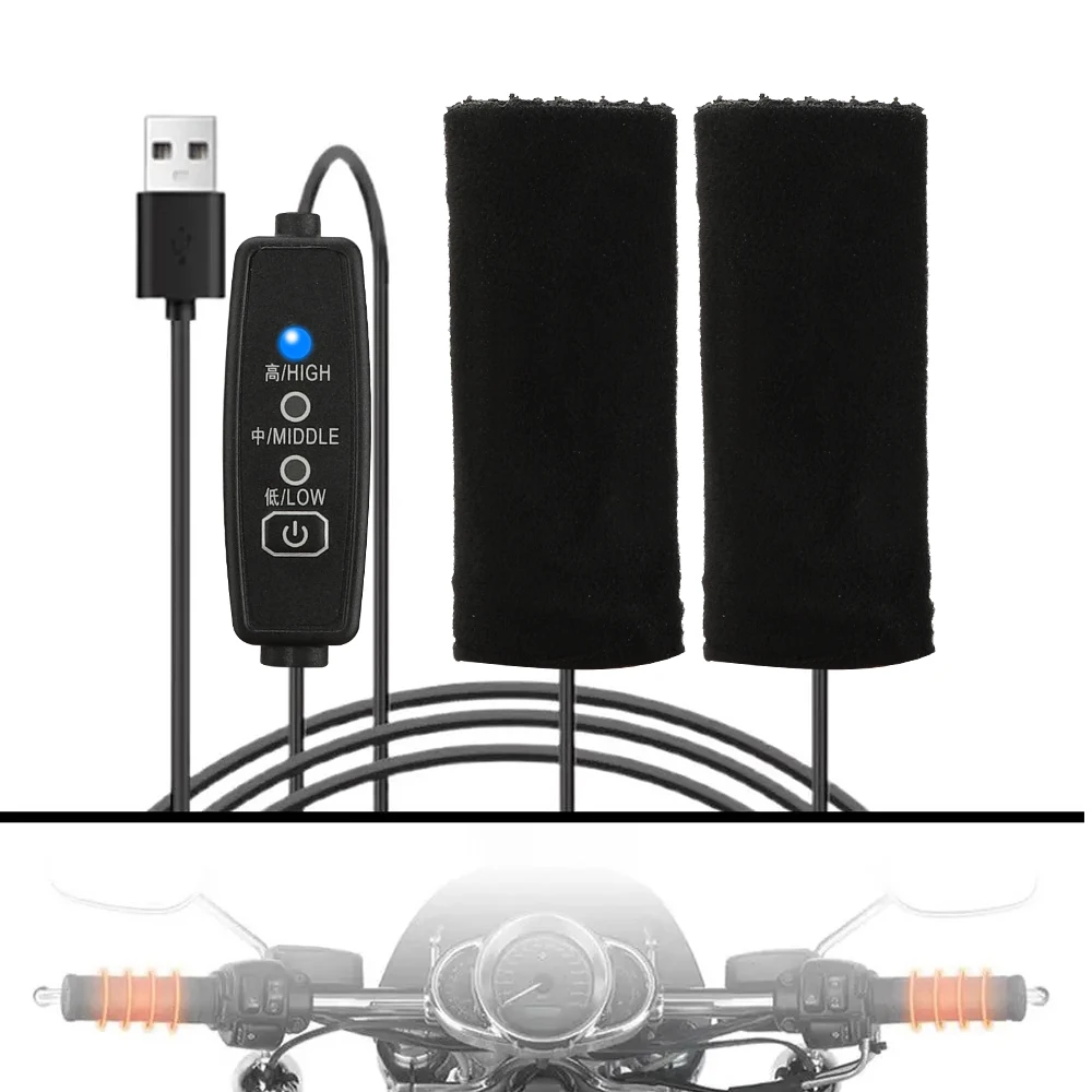 Motorcycle Heated Handgrips 12V Universal USB Electric Heated Grip Cover 3 Gears Electric Heated Handle Cover Fast Heating Kits