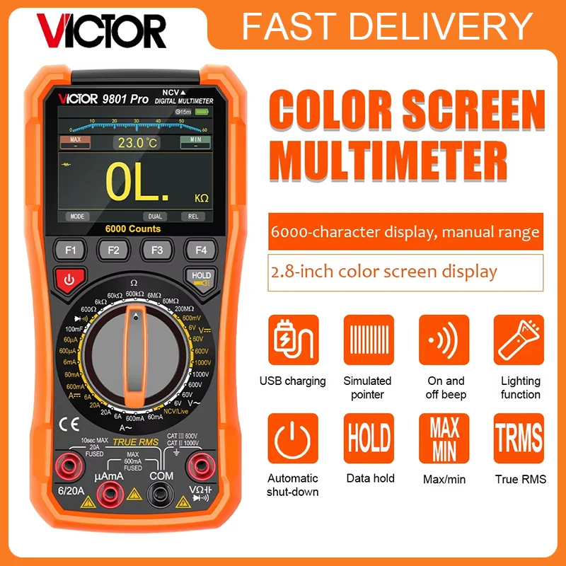 VICTOR VC9801 Pro DIgital Multimeter 6000 Counts TFT Color Screen AC/DC 1000V NCV Live Wire Intelligent Diode Tester Multimetro