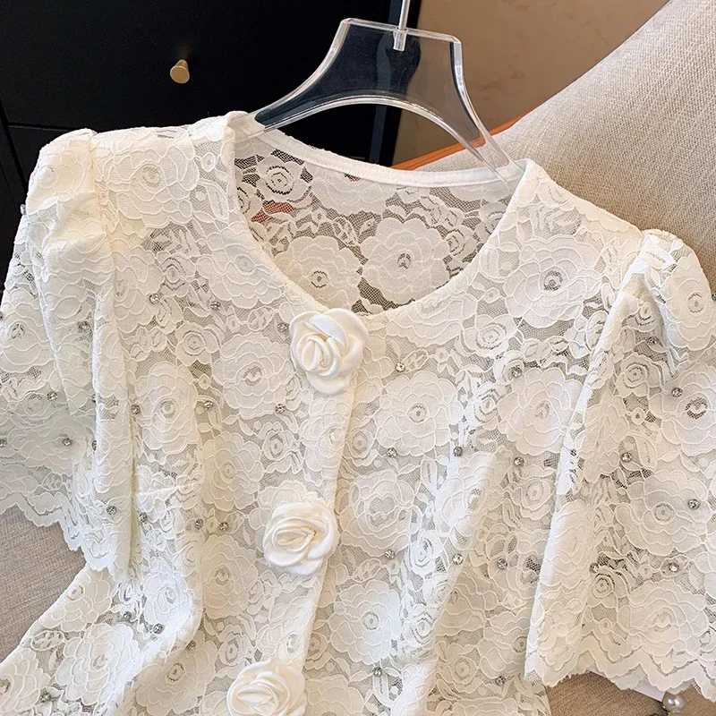 French Hollow Out Hook Flower Lace Shirt Women New Summer Korean Fashion O-Neck Diamonds 3D Floral Short Sleeve Blouse Chic Tops