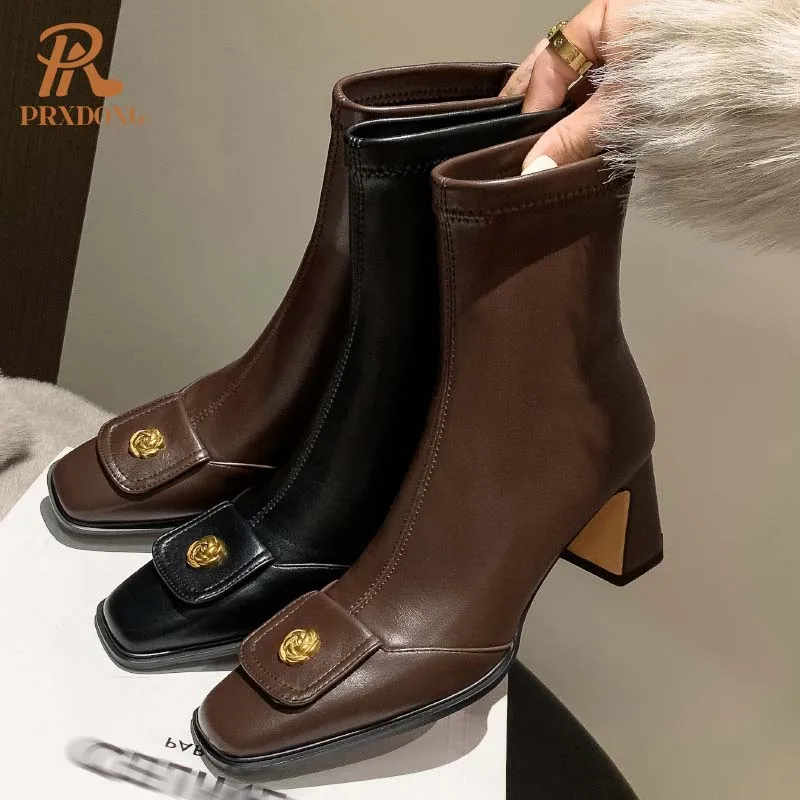 PRXDONG scarpe da donna New Fashion Chunky tacchi alti punta quadrata autunno inverno stivaletti caldi nero marrone Zipper Dress Office 42