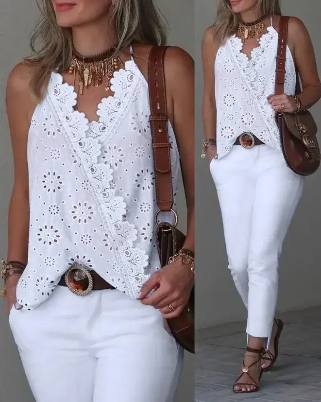 Top Women V-Neck Summer Fashion Eyelet Embroidery Lace Patch Halter Casual Plain Sleeveless Daily Wrap Tank Top Y2K Clothes 2023