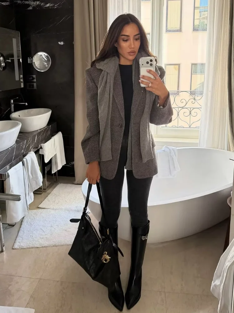 

Elegant Grey Woolen Blazer Coat Women Casual Waist Cinching Full Sleeve Lapel V-neck Jacket Lady Daily Commute Fashion Outwear