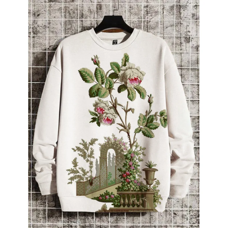 

3d Floral Print Sweatshirt Loose Oversized Pullover For Men Long Sleeve Tee Autumn Street O-Neck Hoodie Retro Men's Clothing Top