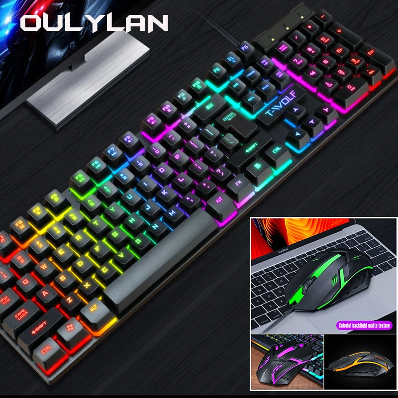 

Новинка 2024, яркий новый комплект клавиатуры и мыши TF200, Офисная проводная USB клавиатура и мышь с подсветкой, английская, испанская, русская клавиатура