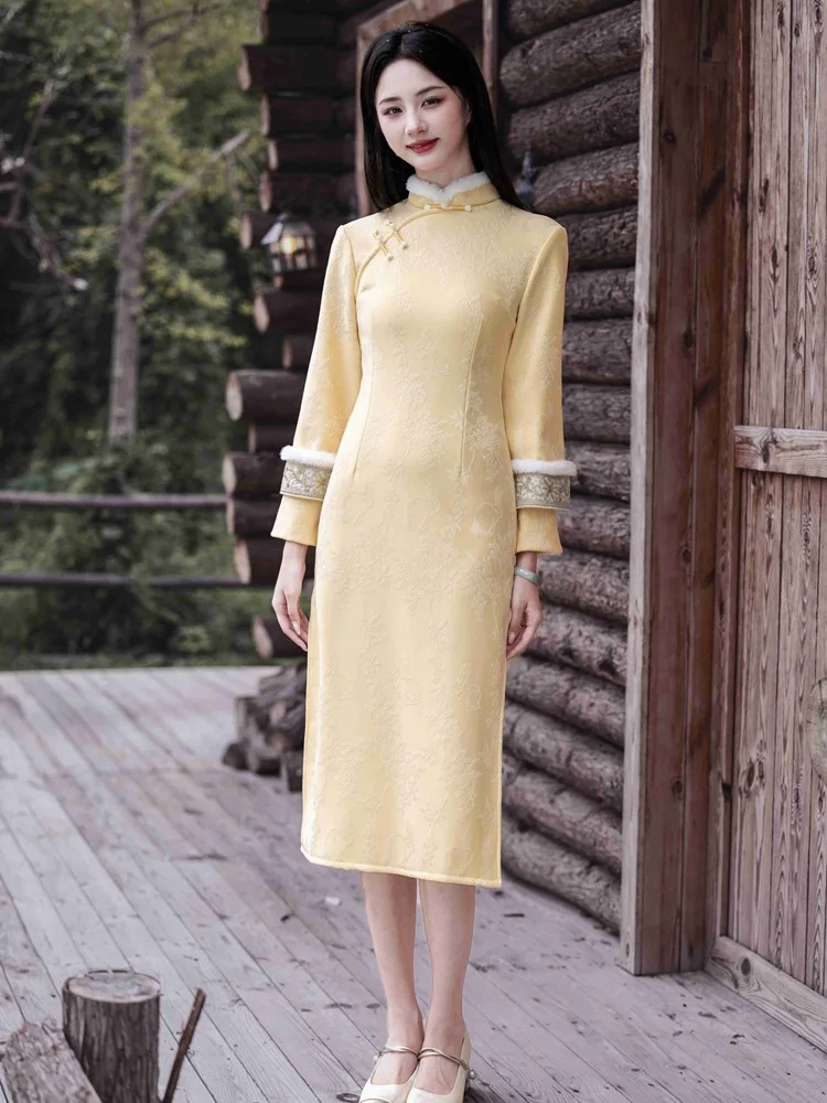 

Осень 2021, новое элегантное бархатное платье Cheongsam в китайском стиле в стиле ретро для девочек, улучшенное женское платье Qipao