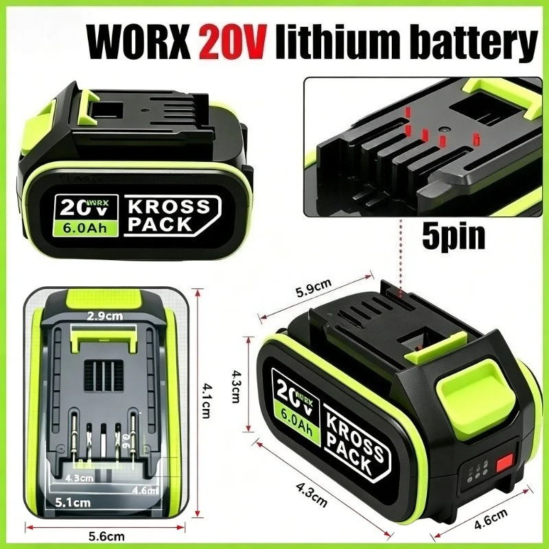20V 6.0Ah/8.0Ah 5Pin Replacement Li-ion Battery Compatible with WORX WA3016 WA3023 WA3027 WU Series Cordless Power Tools