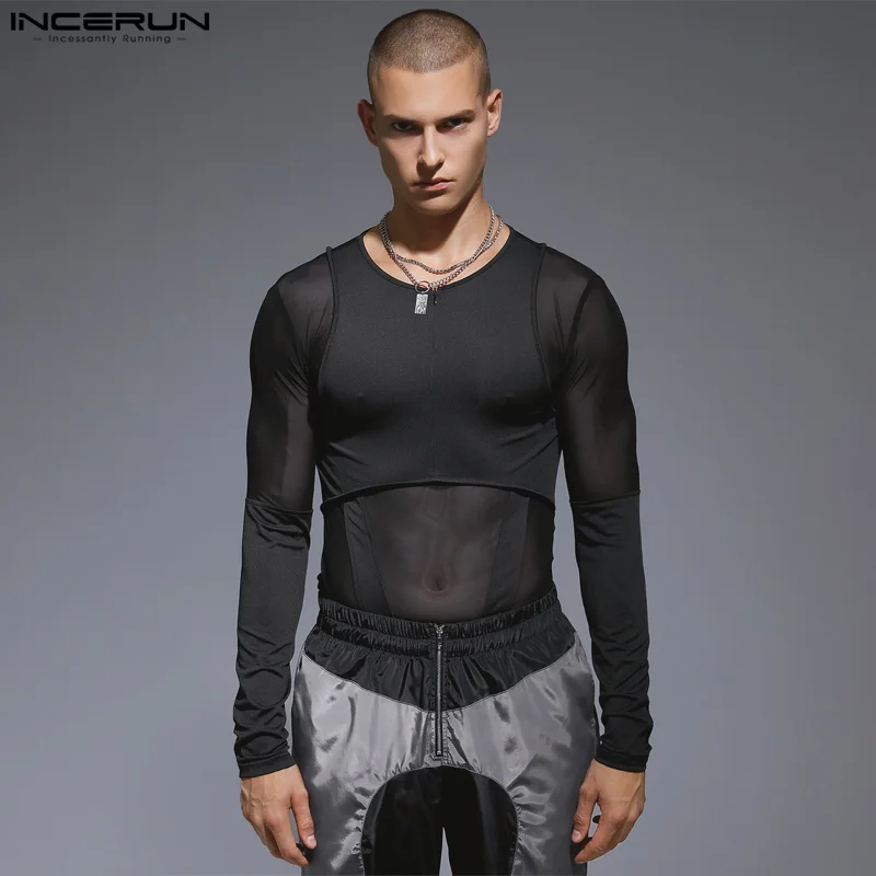 INCERUN 2023 Sexy Men Bodysuits Loungewear Hot Sale Mesh Splicing Deconstructed Design Male Triangle Long Sleeve Jumpsuits S-3XL