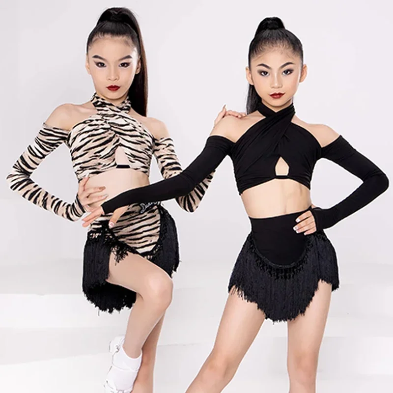 

New Girls Latin Dance Dress Set Long Sleeves Leopard Black Fringe Dress Cha Cha Samba Dance Training Performance Clothes