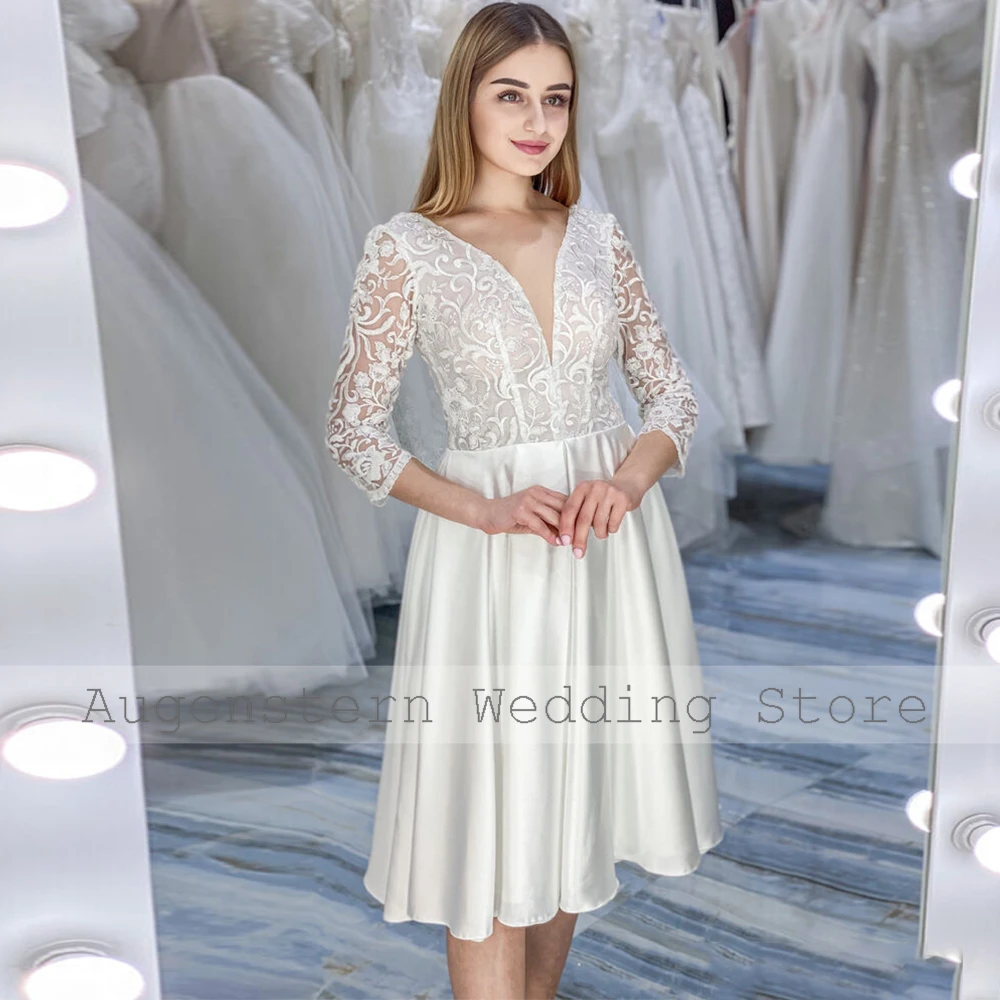 Abito da sposa corto in pizzo con scollo A V 3/4 maniche abito da sposa Midi 2023 raso bianco lunghezza del tè una linea abiti da sposa semplici per le donne