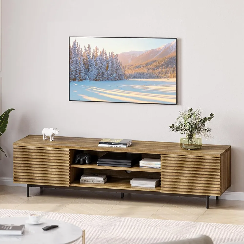 

Flute TV stand, suitable for TVs up to 75 inches, with storage media console and cable management desk