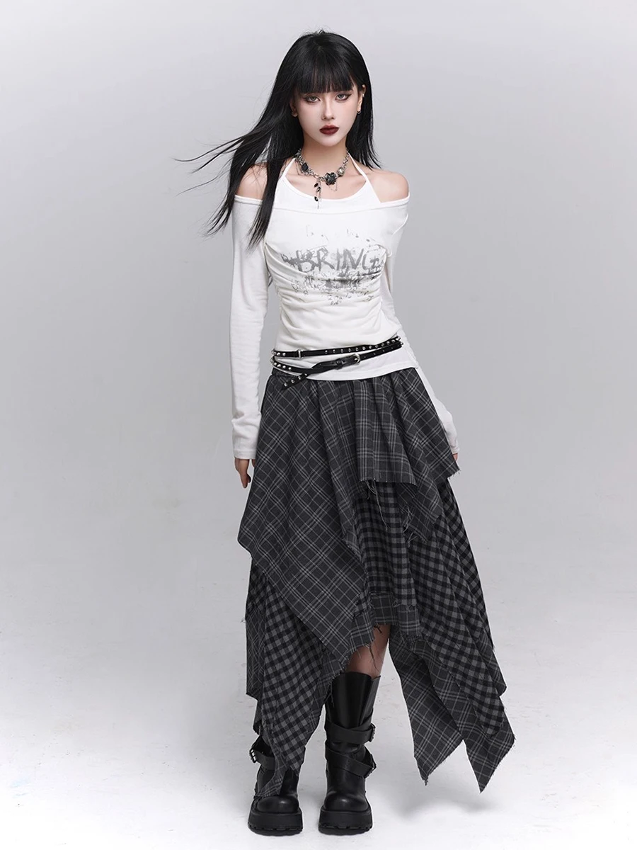 REDDACHiC Acubi موضة منقوشة غير المتكافئة تنورة Alt القوطي مرونة الخصر غرزة الخام حافة طويلة تنورة فلوي حجم كبير النساء قيعان #4