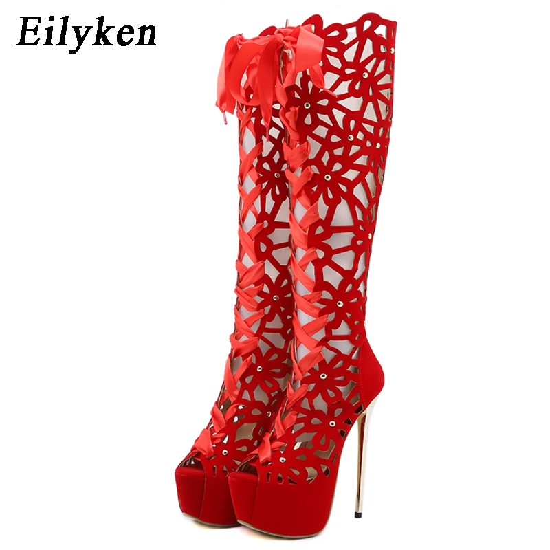 

Eilyken Summer Gladiator Hollow Platform Knee High Boots Sandals Women Street Style Open Toe Zipper Thin High Heels Shoes