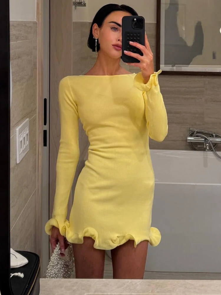 ผู้หญิงสีทึบ Ruffles Hem ชุดมินิ Elegant O คอยาวแขนยาว SLIM FIT ชุดฤดูร้อนวันหยุด Holiday PARTY DRESS