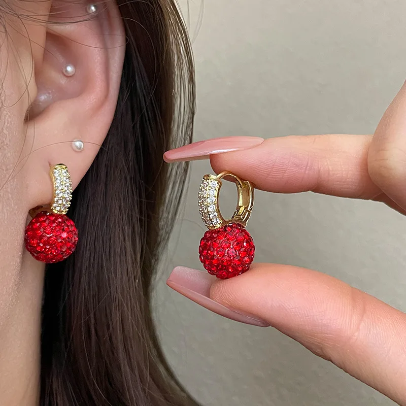 Luxury Red Cubic Zirconia Ball Dangle Earrings for Women Exquisite Golden Color U Shaped Drop Earring Party Jewelry