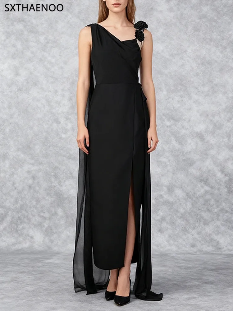 

SXTHAENOO Celebrity Party Halloween Dress Sexy Black 3D Flower Sleeveless Tight Bandage Long Maxi Dress Fashion Evening Vestitos