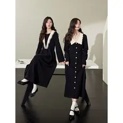 Korea Black Fake Two Pieces Knitted Dress for Women 2023 Autumn New Long Sleeve Sweater Classic Sle Long Dress Winter