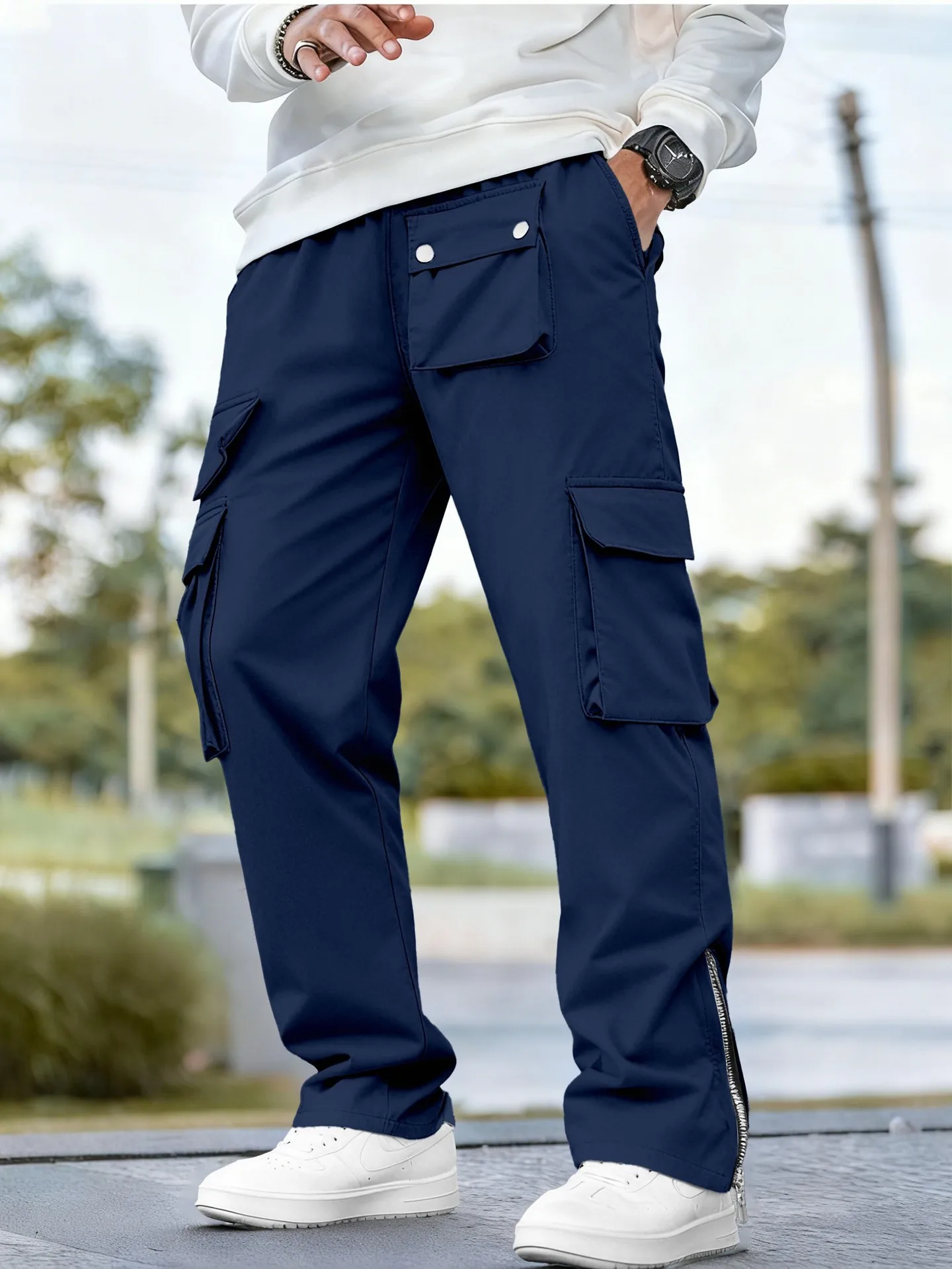 

Мужские рабочие брюки прямого кроя, повседневные, с множеством карманов, на молнии, однотонные, длинные, для весны и осени