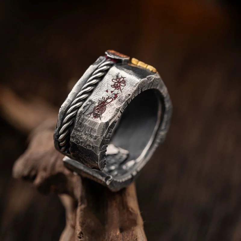 Taoistischer Ring im Ethno-Stil gegen böse Anwesenheiten für Herren, Vintage-Schutz-Talisman, Taoistischer Meister-Erklärungsring, Herren-Accessoires – Detail 2