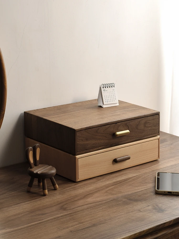TheSense Wooden Drawer Box Storage Organizer Black Walnut Office Desktop A4 File Box with Drawer Nordic Style Home Organization