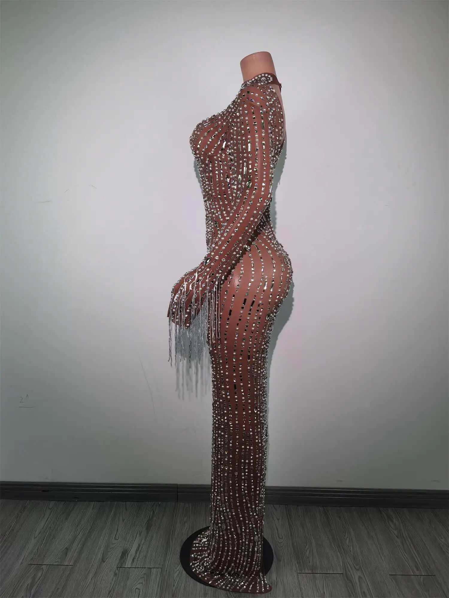 Luxurious Prom Evening Birthday Wedding Celebrate Long Dress Sparkly Rhinestones Dress Women Sexy Mesh Transparent Stage Wear