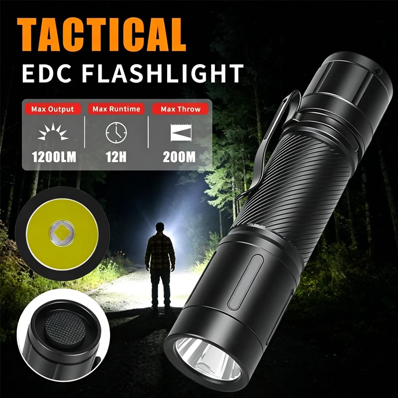 Linterna LED de Alta Potencia, Linterna Táctica con 6 Modos, con Clip para Bolígrafo, Aleación de Aluminio, Resistente al Agua, Batería Externa 21700