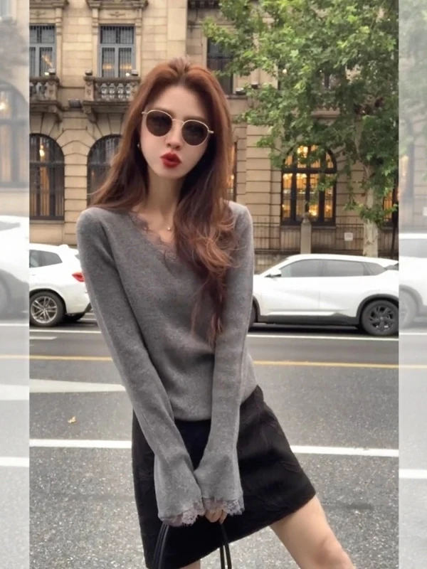 

Вязаный кружевной лоскутный V-Ne Long Sve Base irt для женщин, осень-зима, внутренняя одежда, красивый топ