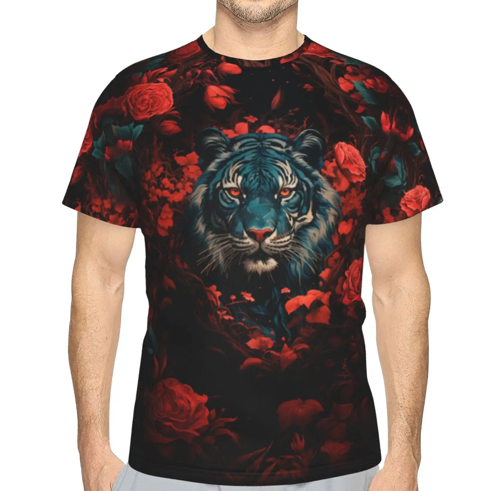 Retro Animal Rose Tiger 3d Print T-Shirt Fashion Short Sleeve Top Fitness T Shirt For Men