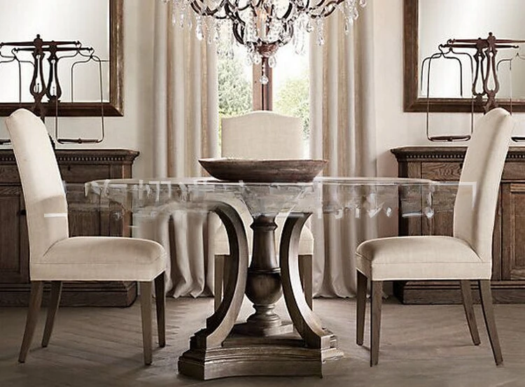 Solid wood dining table simple carving old household round dining table restaurant dining table and chair combination