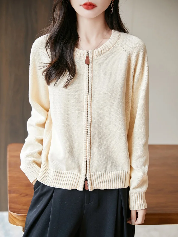 

Pure Cotton Yarn Double Zipper Solid Color Versatile Outerwear for Women Loose Fit Long Sleeve round Neck Knitted Cardigan