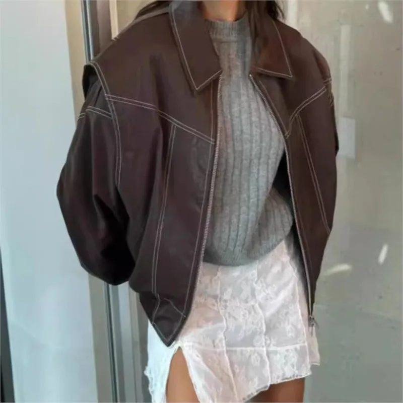 

Fashion Street Women Jacket Coats 2025 Autumn Winter Patchwork Lapel Long Sleeve Zipper Leather Jacket Female Casual Clothing