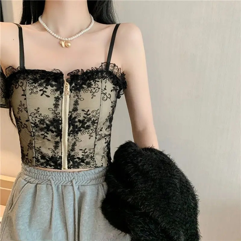 

Summer Straight Neck Women Sweet Sexy Lace Crop Tops Backless Pleated Ruffles Straps With Bra Pad Zipper New Women Tank Tops