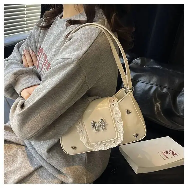 Bloom Hot Girls Lace Bow Black Shoulder Women Haruku Sweet Cute Leather Crossbody Bags Ladies Ballet Style Y2k Handbag