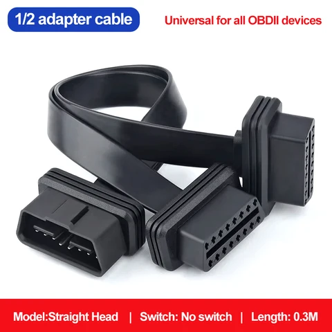 Универсальный удлинительный кабель-разветвитель OBD2 1-в-2 для диагностики автомобилей, 16-контактный, 16-жильный, прямой и угловой разъемы OBD