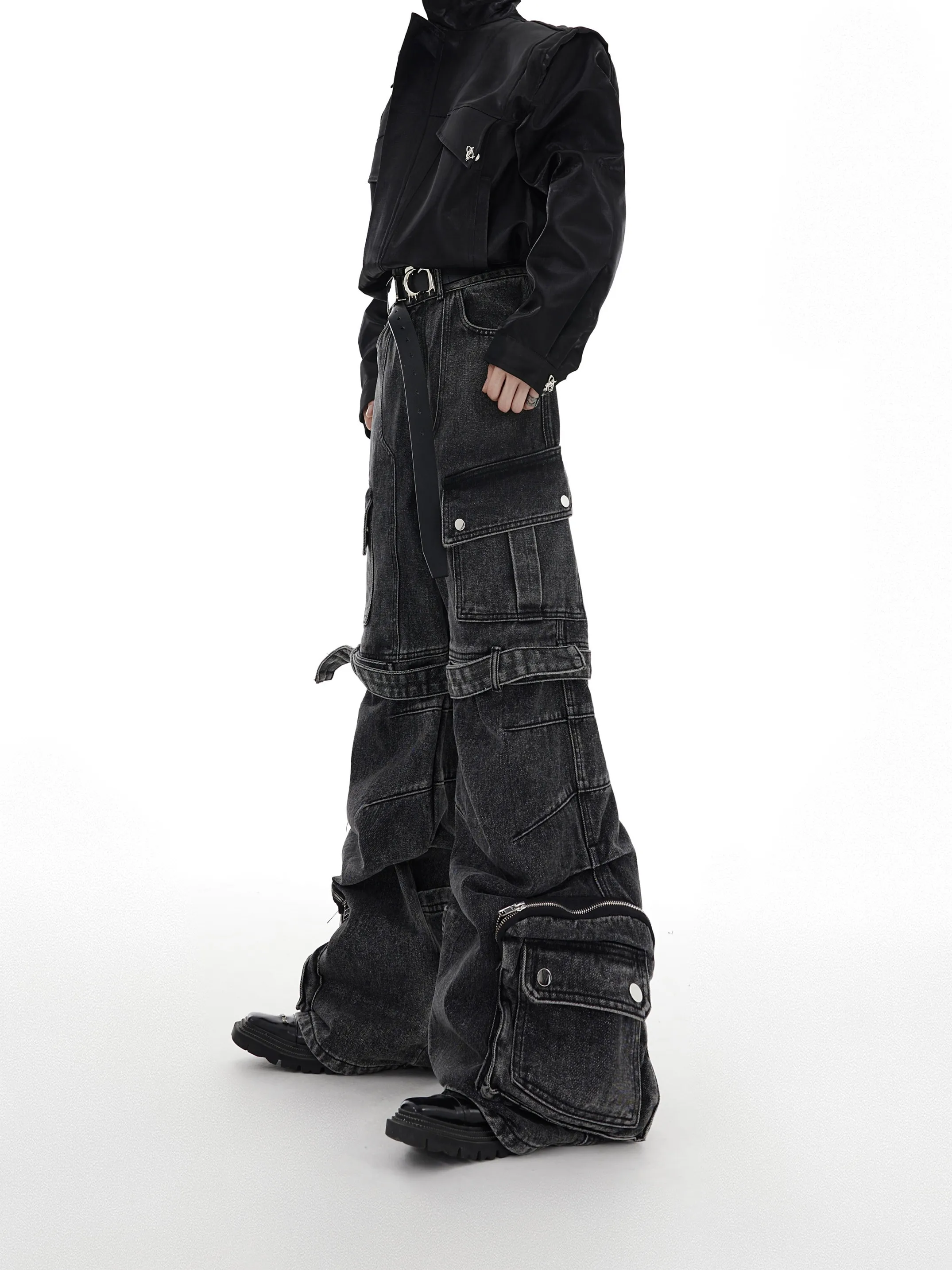 CulturE Washed Denim Pants Multi-Pocket Wide Leg Workwear Deconstructed Design Youthful Trend Cotton Stretch Jeans