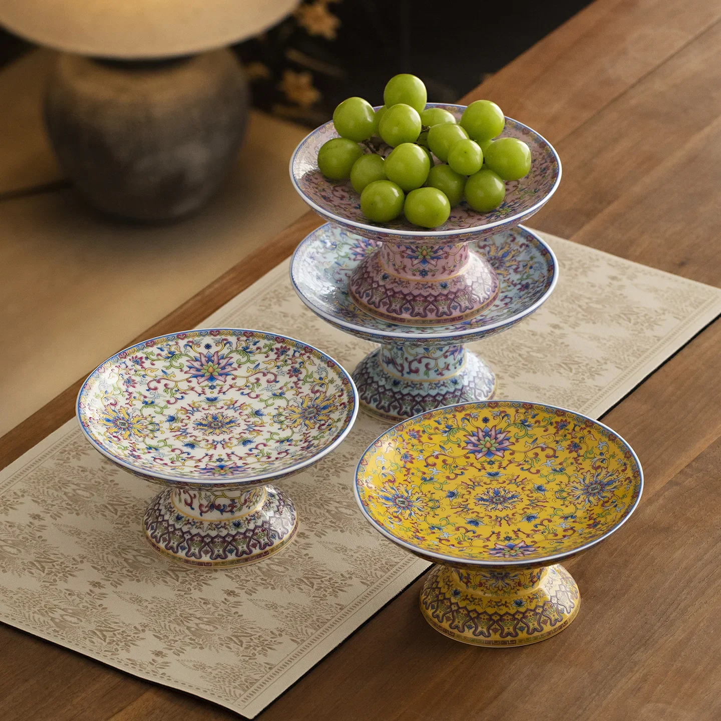 Enamel Color Tall Fruit Plate Office Home Pastry Plate Living Room Fruit Snack Plate Chinese Retro TeaSet Accessories Decoration
