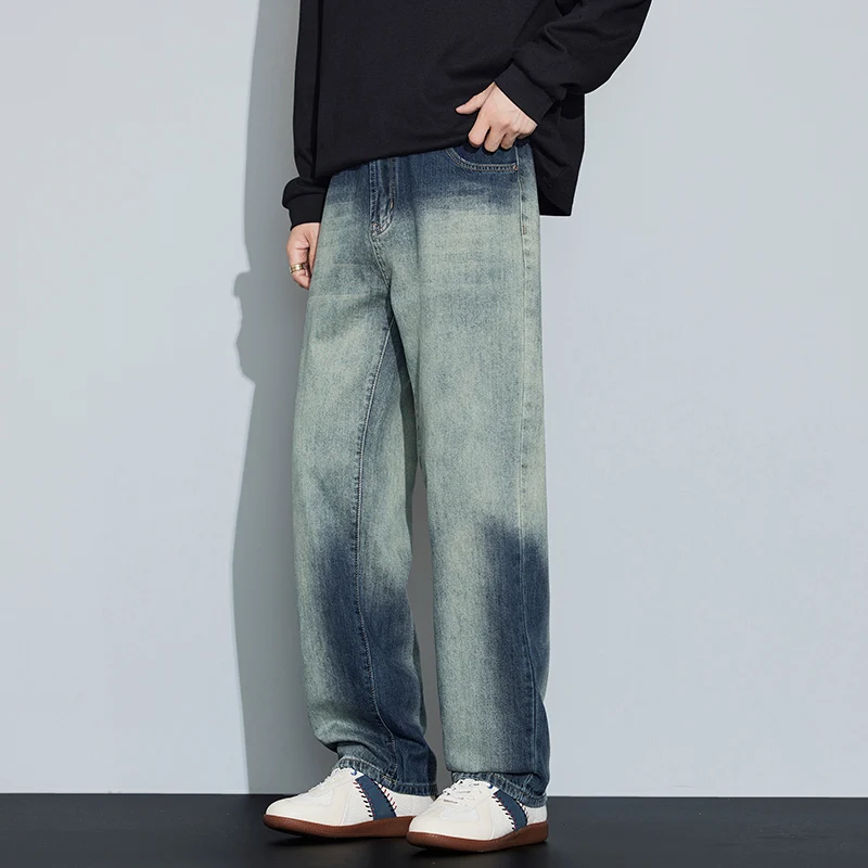 

LEVIORTIN осенние мужские свободные джинсовые брюки с градиентом, потертые потертые потертые потертые простые мужские прямые джинсы с широкими штанинами