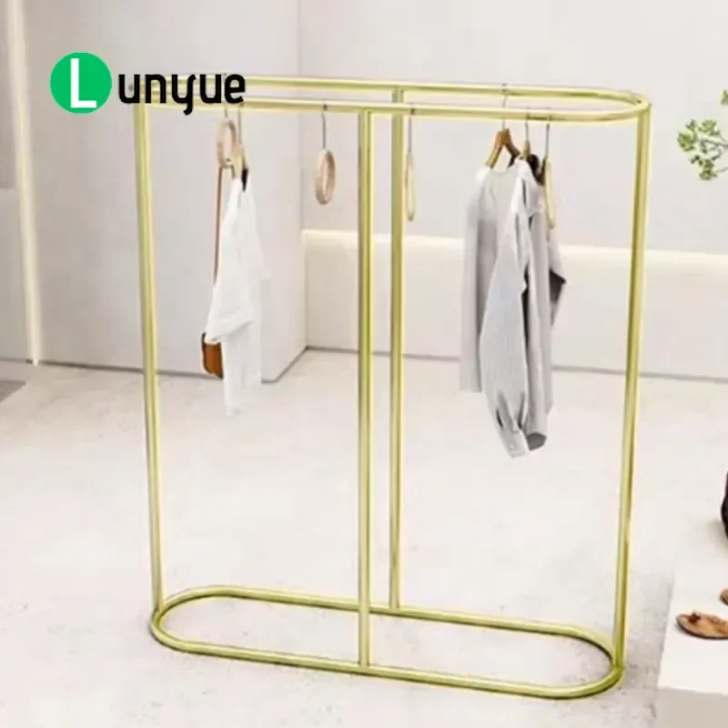 Gold Wrought Iron Oval Middle Island Clothing Rack Double Row Hanging Display Stand Simple Bold Design for Children and Women