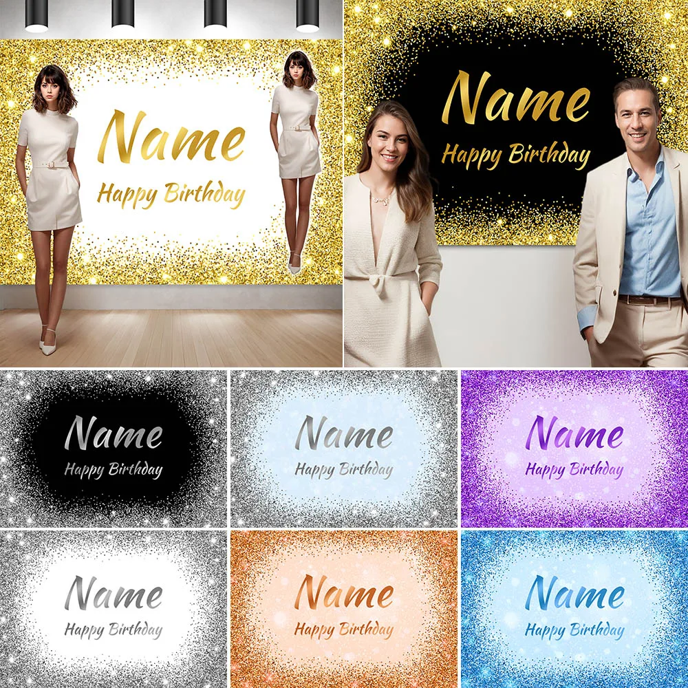 

Custom Name Blue Birthday Wedding Background Sliver Glitter Photo Booth Background Happy Birthday Party Decoration Photocall