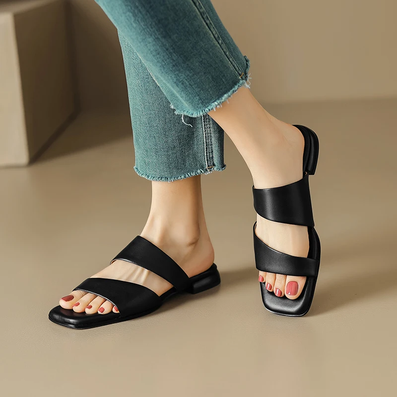 JOZHAMTA Size 34-39 Women Sandals Real Leather Casual Low Heels Summer Shoes For Women Slippers 2023 Fashion Mules Home Slides