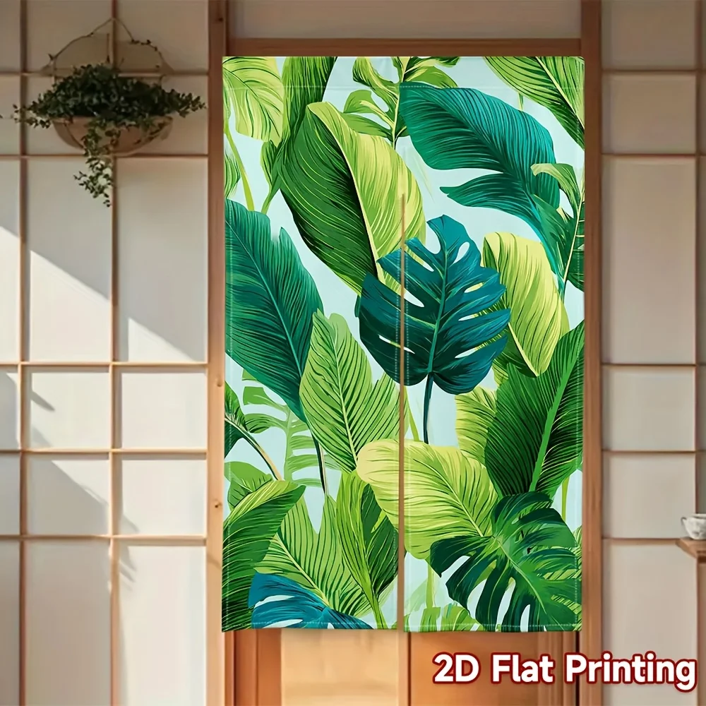 Tropical Leaf Noren Curtain – Lush Monstera & Palm Leaves, Green on White Background, for Bedroom or Kitchen Decor